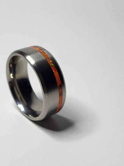 Titanium Ring Offset Thin Line, Blood Orange Opal Orange UV Glow