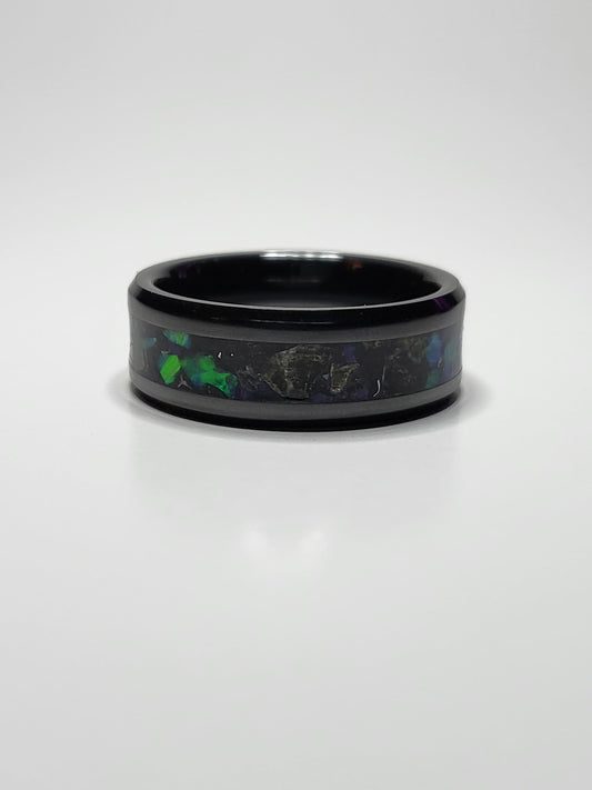Black Ceramic Ring Opal Amber Meteorite UV Glow