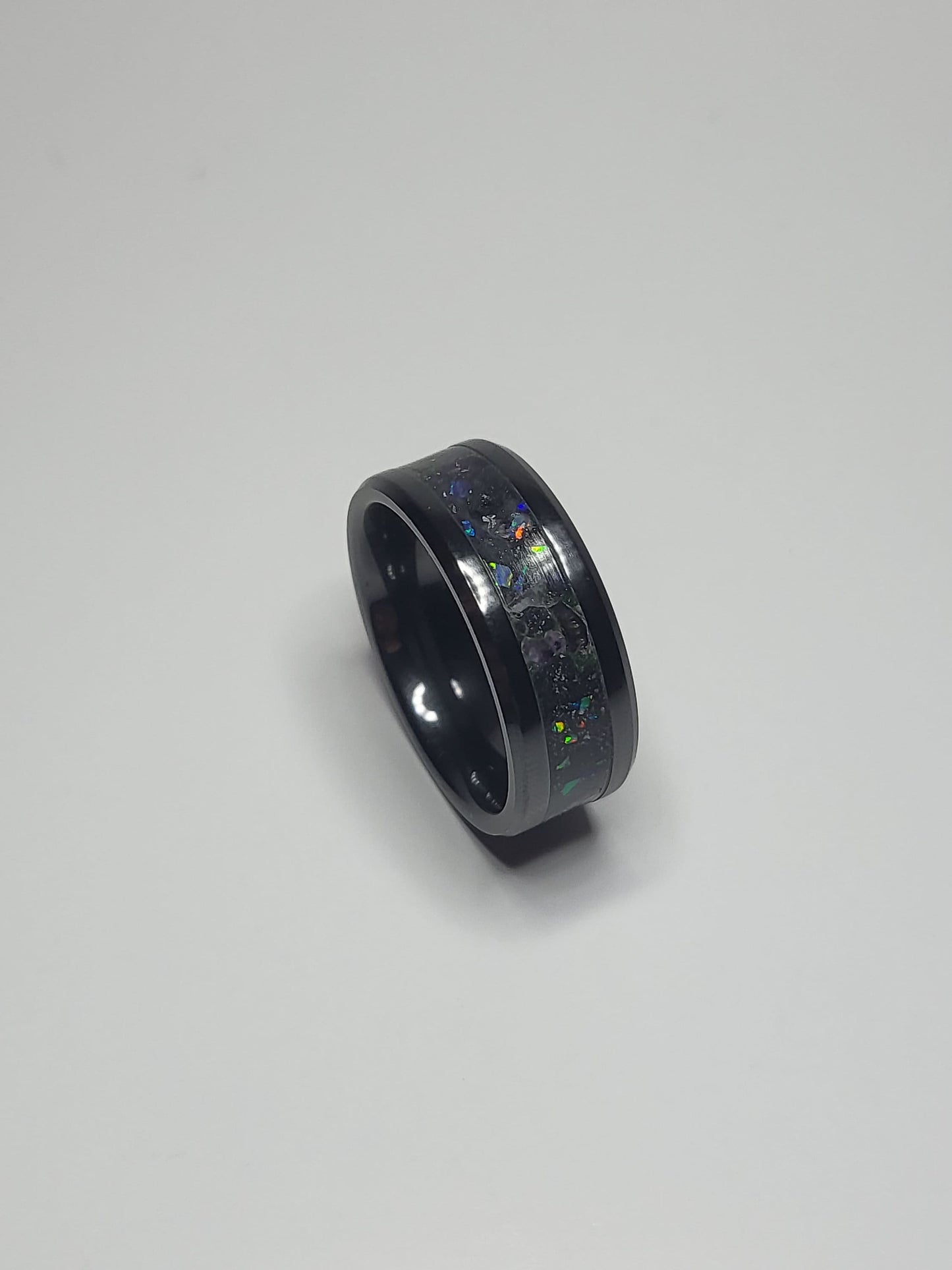 Black Ceramic Ring Opal Amethyst UV Glow