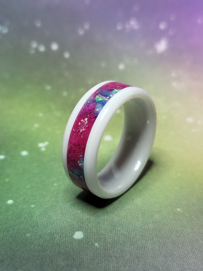White Ceramic Ring Opal, Quartz, Rose Pink, UV Glow