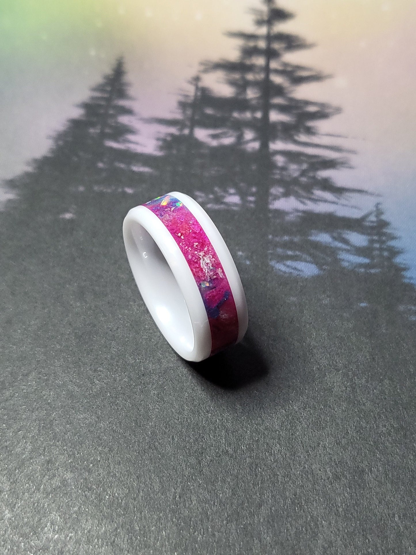 White Ceramic Ring Opal, Quartz, Rose Pink, UV Glow