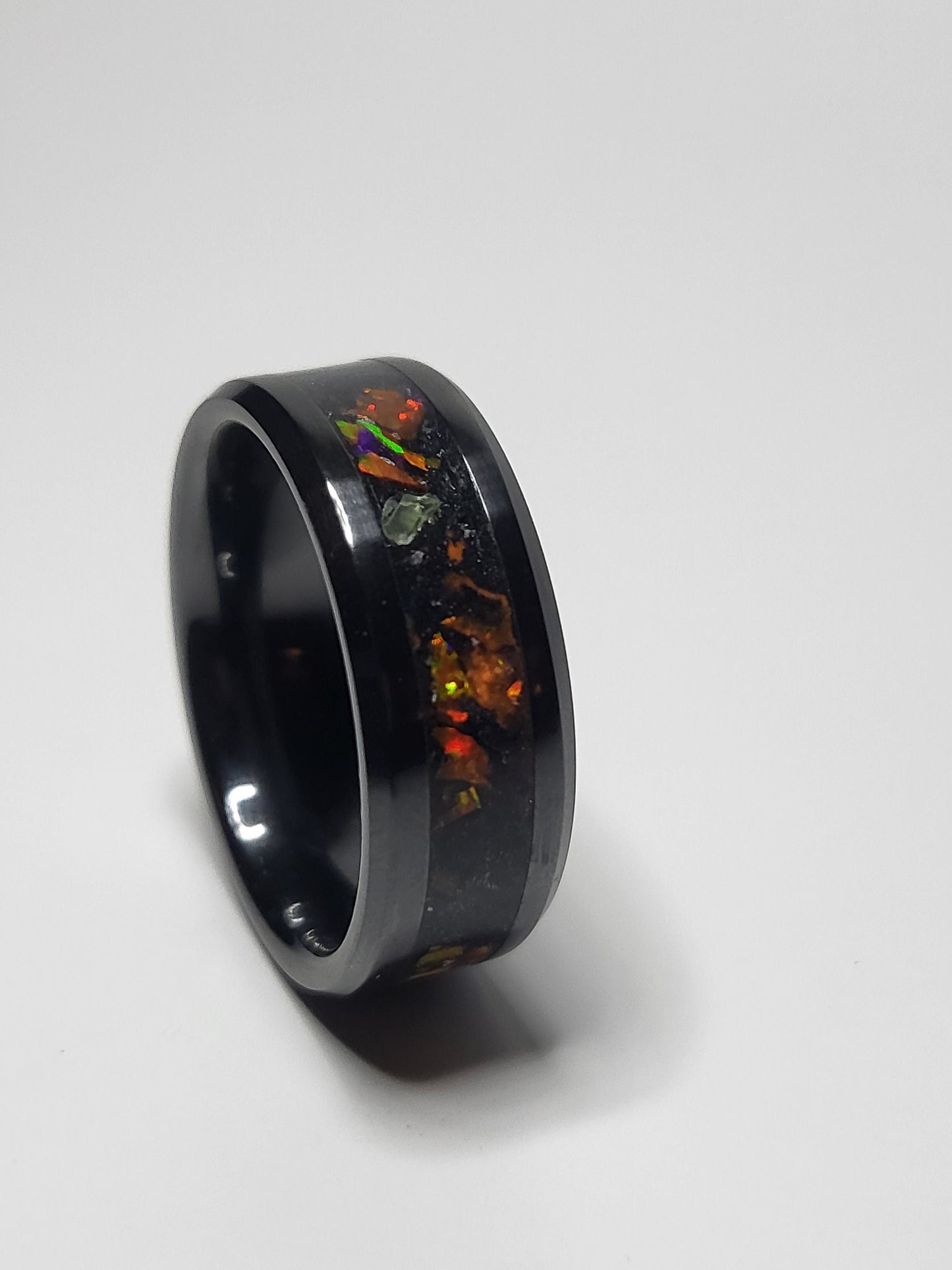 Black Ceramic Blood Orange Opal Ring Meteorite Amber Peridot UV Glow Powder