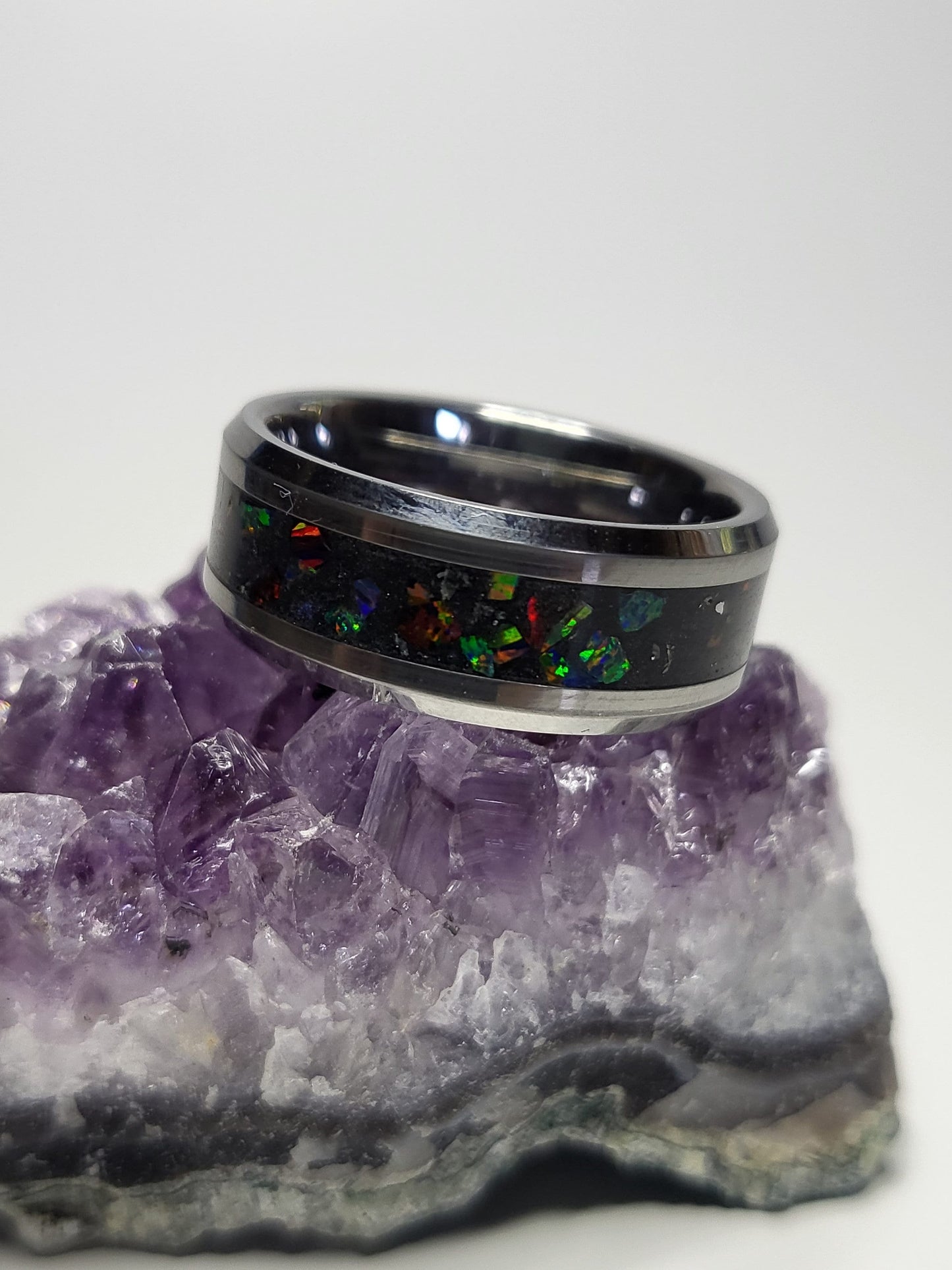 Tungsten Ring Ember & Dragon Scale Opal, Meteorite Shavings, UV Glow Powder