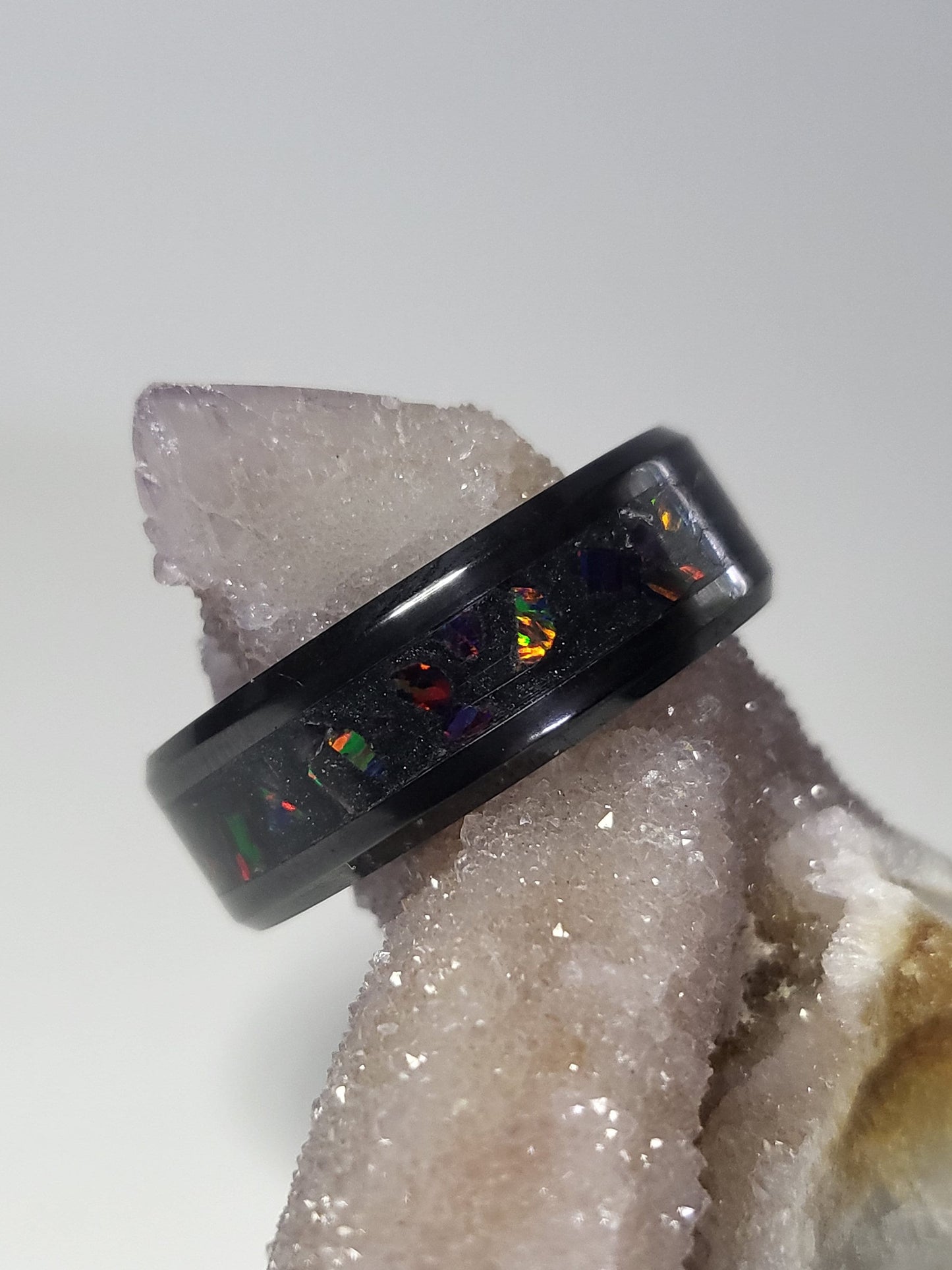 Black Ceramic Ring Ember Opal, Amethyst, Quartz UV Glow Powder
