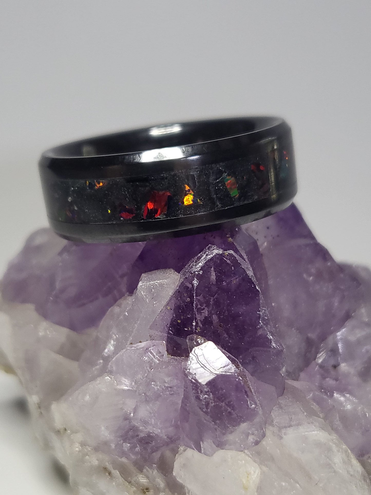 Black Ceramic Ring Ember Opal, Amethyst, Quartz UV Glow Powder