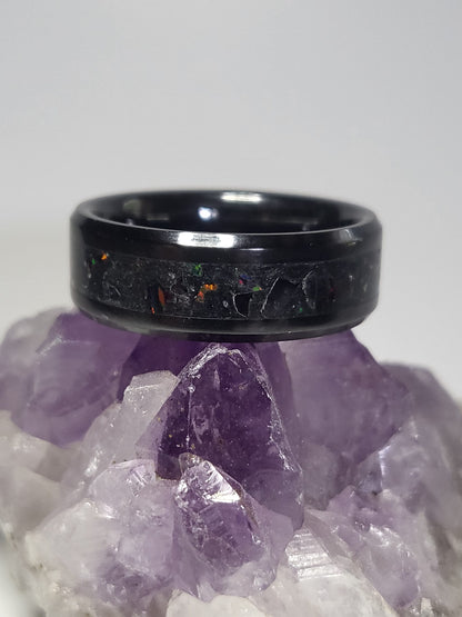 Black Ceramic Ring Ember Opal, Amethyst, Quartz UV Glow Powder