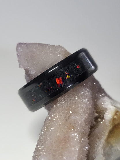 Black Ceramic Ring Ember Opal, Amethyst, Quartz UV Glow Powder