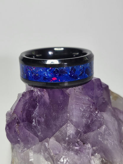 Black Ceramic Ring Azurite White Opal UV Glow Powder