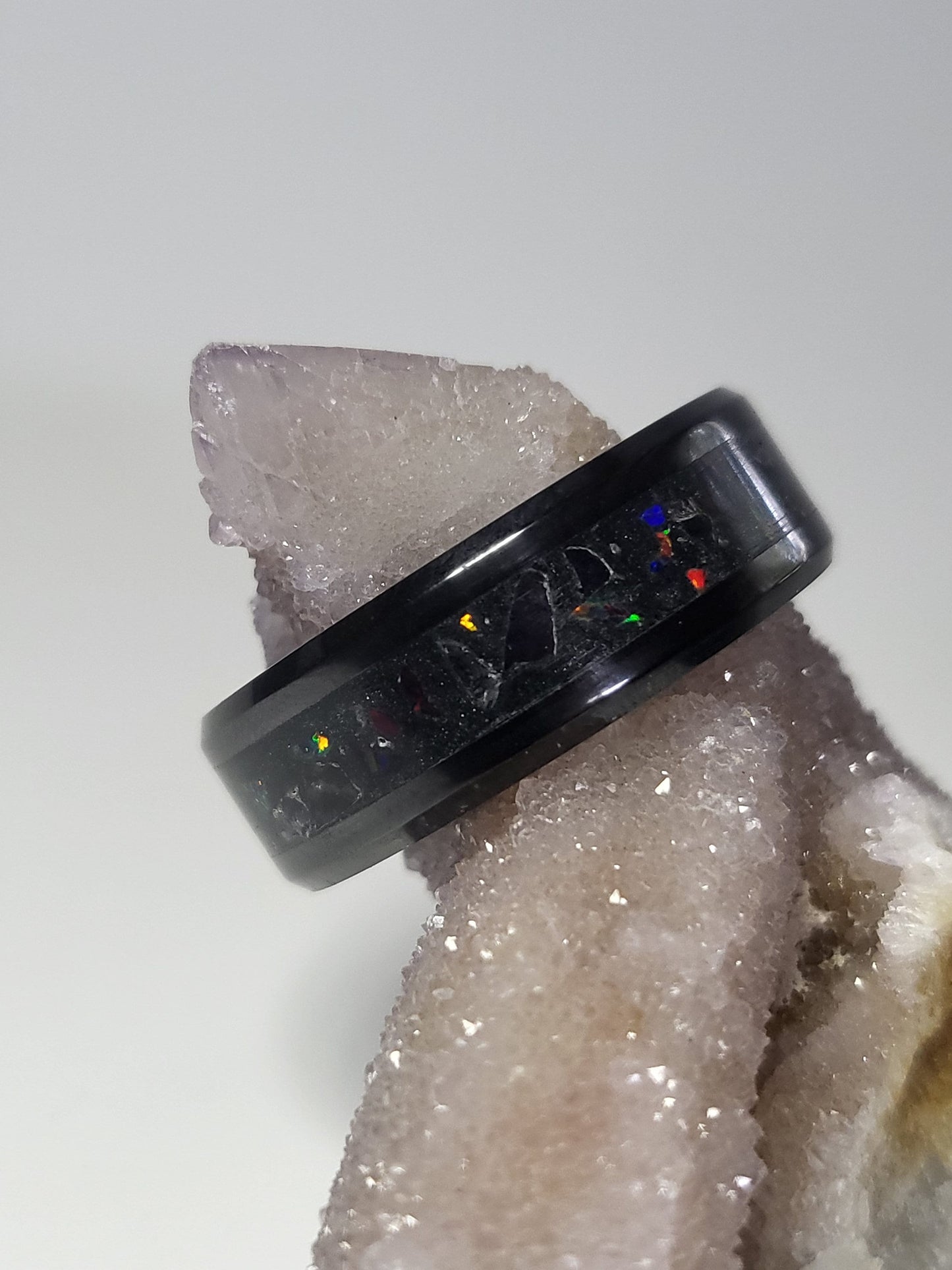 Black Ceramic Ring Ember Opal, Amethyst, Quartz UV Glow Powder