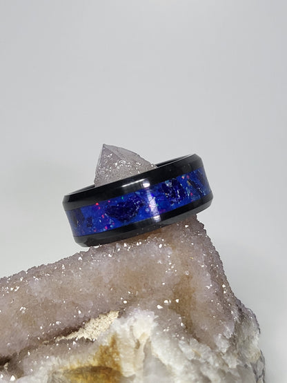 Black Ceramic Ring Azurite White Opal UV Glow Powder