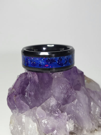 Black Ceramic Ring Azurite White Opal UV Glow Powder