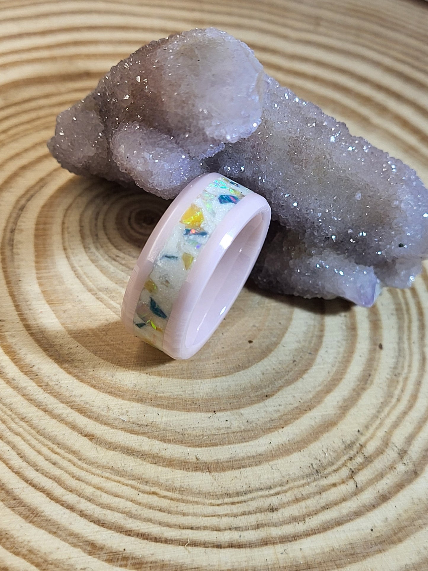 Pink Ceramic Ring with Marigold, Peach, and Cyan Opal