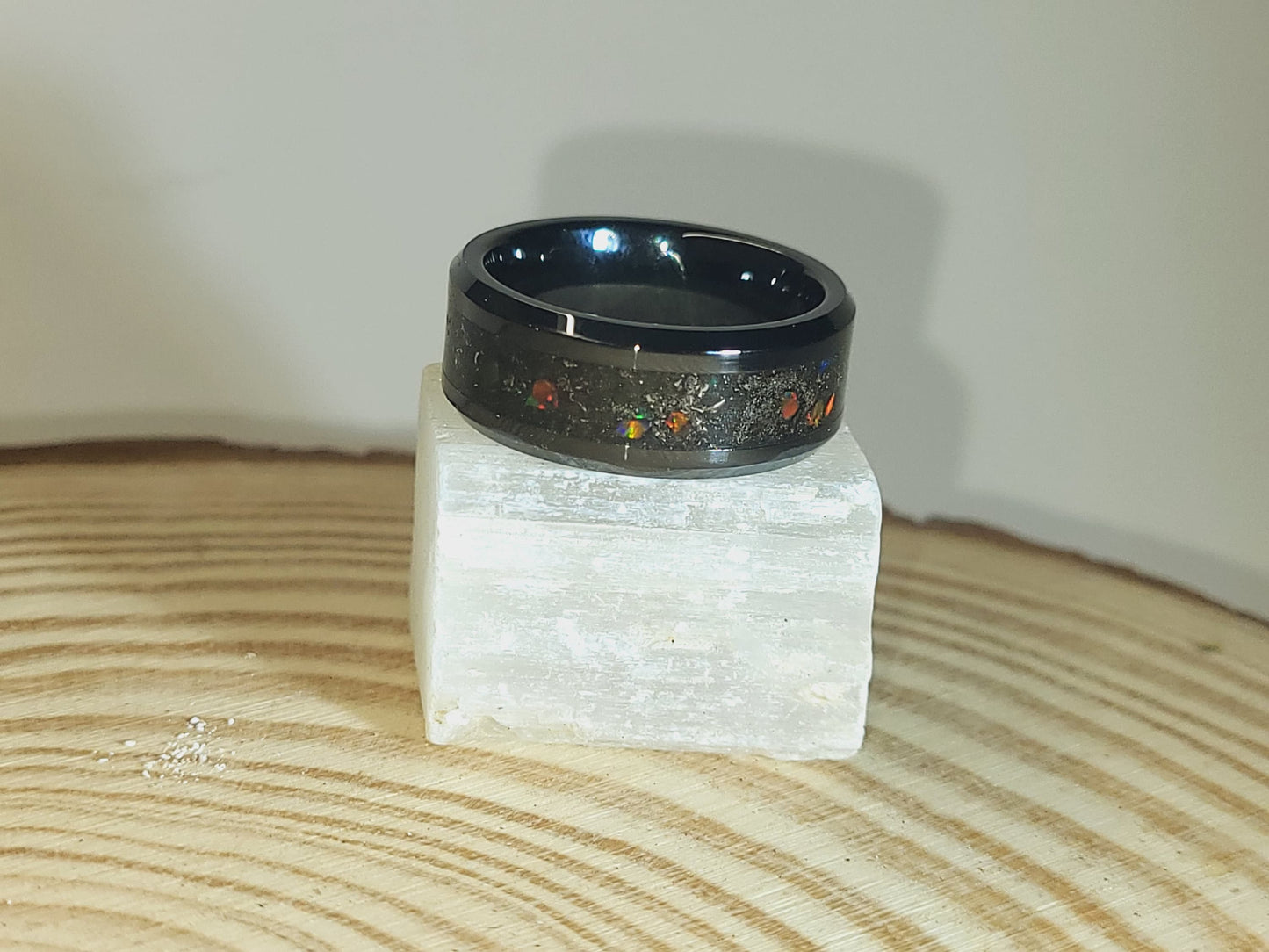 Black Ceramic Ring with Dragon Scale Opal, Tangerine Opal, and Meteorite Dust