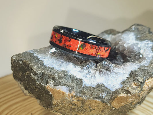 Black Ceramic Inlay with Inferno Opal, Crimson Opal, Meteorite Dust, and Crimson Pigment