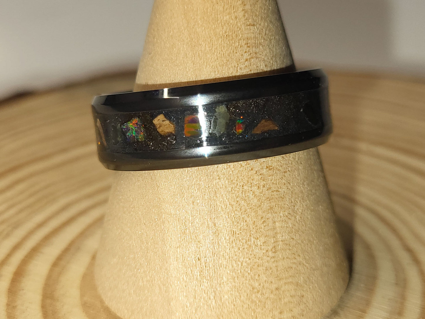 Black Ceramic Inlay Ring with Inferno Opal, Peridot, and Meteorite Dust