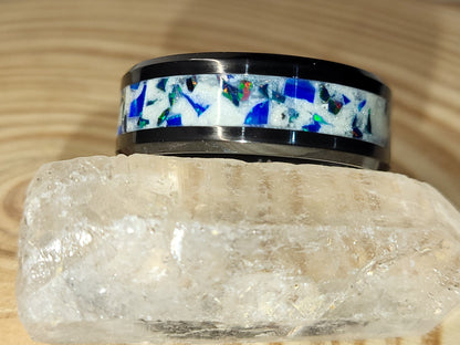 Black Ceramic Inlay Ring with Egyptian Blue Opal, Dragon Scale Opal, and Pearl White Color Pigment