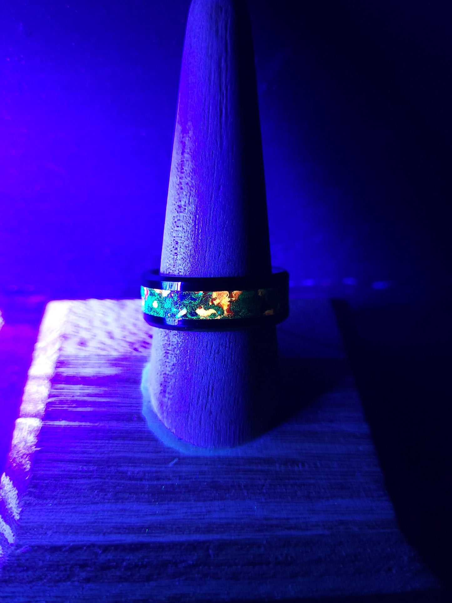 Black Ceramic Inlay Ring with Neon Green Opal, Crimson Opal, and UV Glow