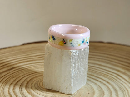 Pink Ceramic Ring with Marigold, Peach, and Cyan Opal
