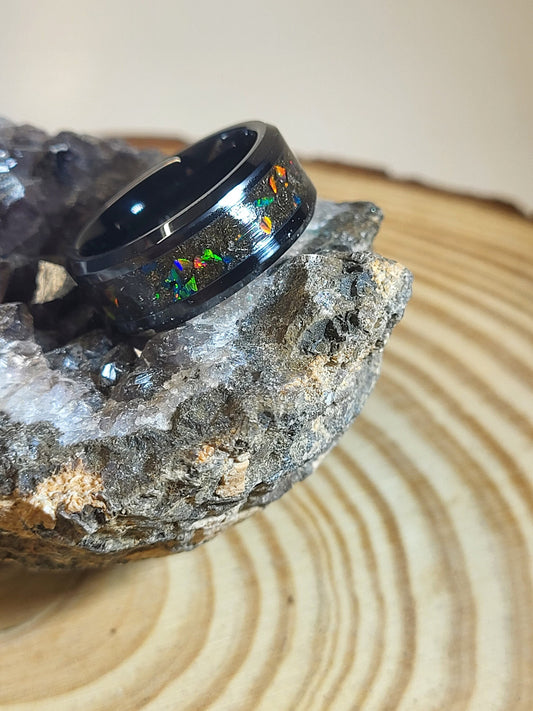 Black Ceramic Ring with Dragon Scale Opal, Tangerine Opal, and Meteorite Dust