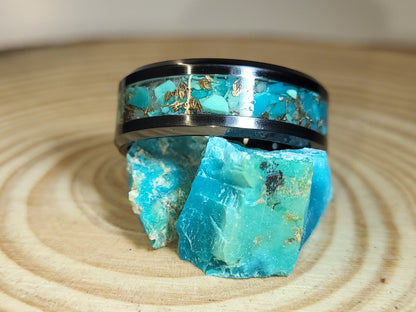 Black Ceramic Inlay ring with Turquoise and Bronze Shavings