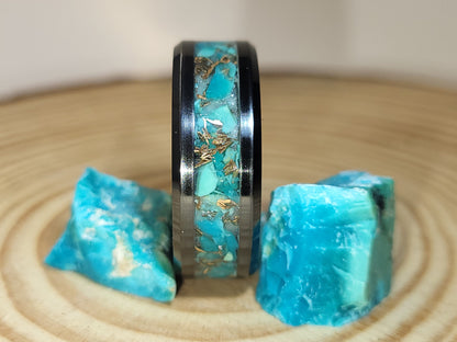 Black Ceramic Inlay ring with Turquoise and Bronze Shavings