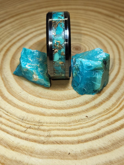 Black Ceramic Inlay ring with Turquoise and Bronze Shavings
