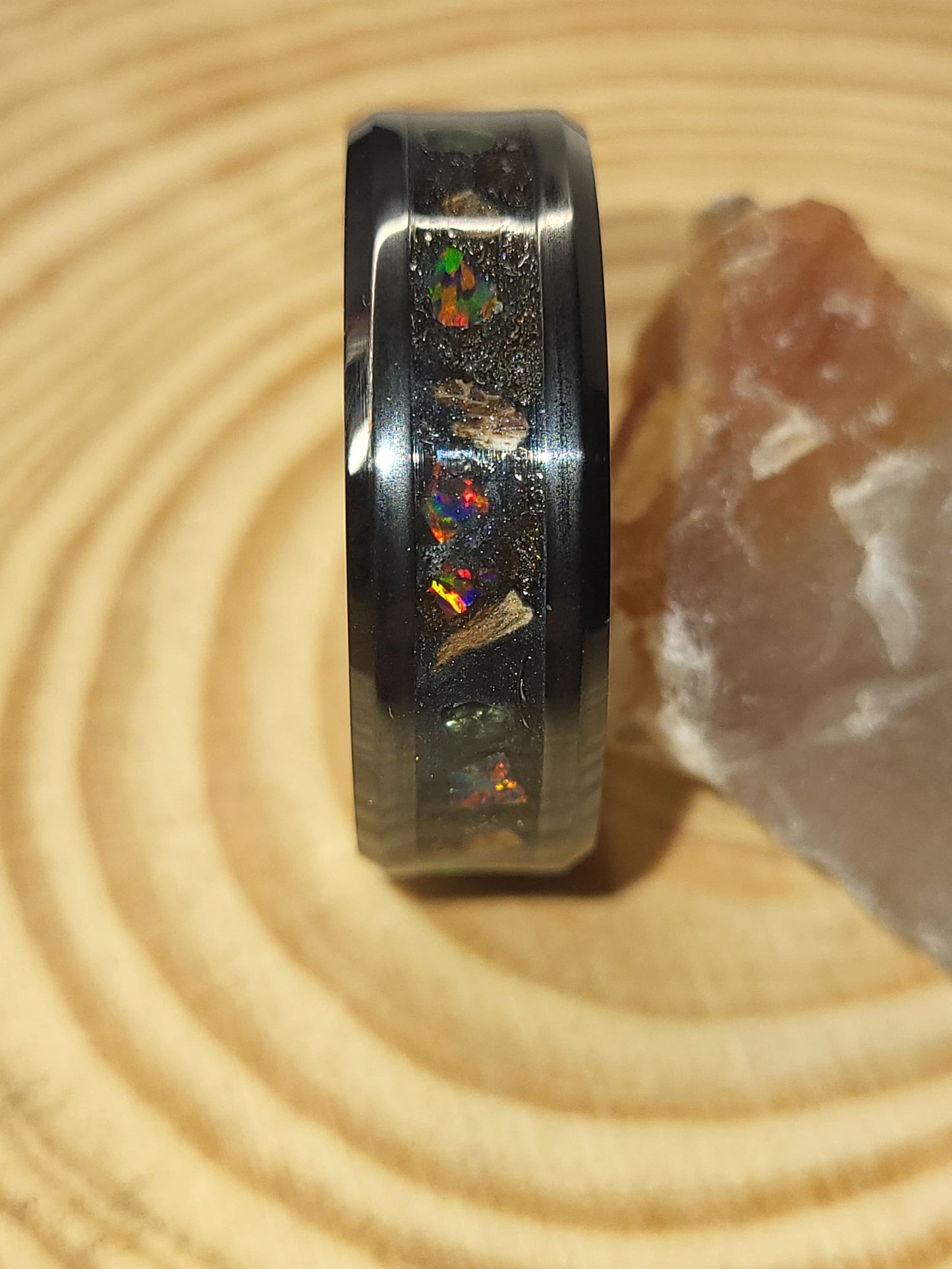 Black Ceramic Inlay Ring with Inferno Opal, Peridot, and Meteorite Dust