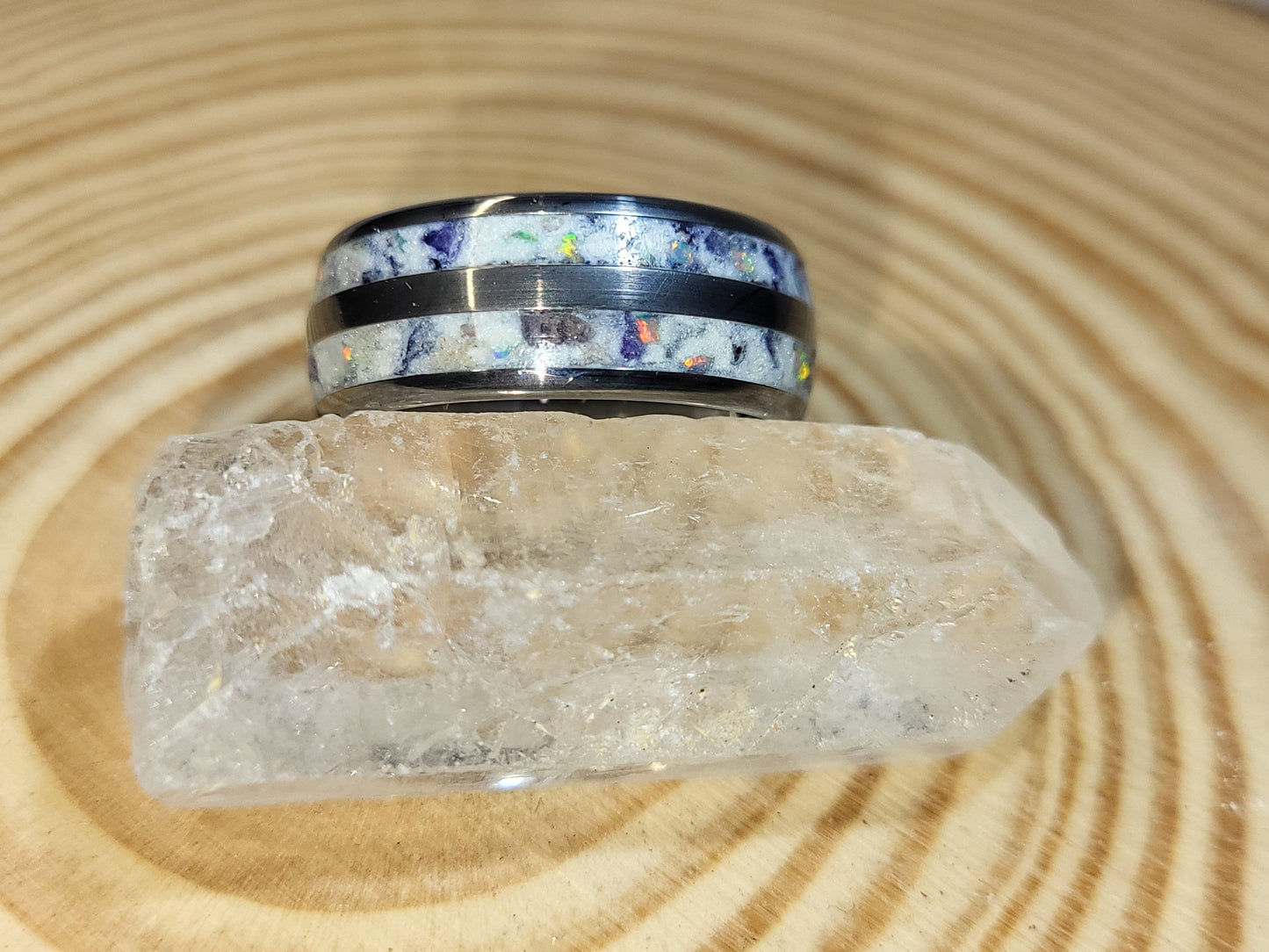 Tungsten Double Channel with Sapphire and Pearl White Opal Inlay