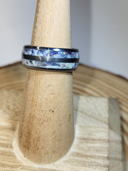 Tungsten Double Channel with Sapphire and Pearl White Opal Inlay