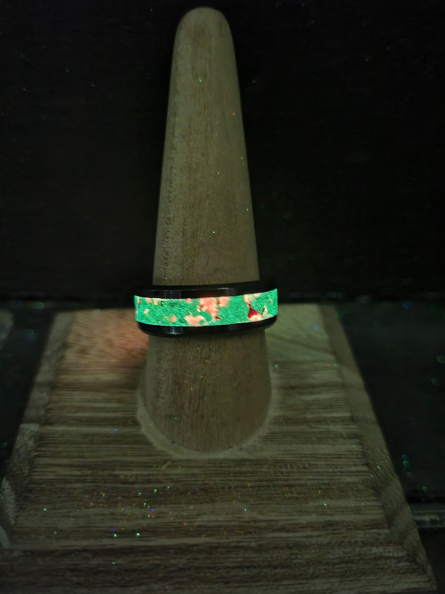 Black Ceramic Inlay Ring with Neon Green Opal, Crimson Opal, and UV Glow