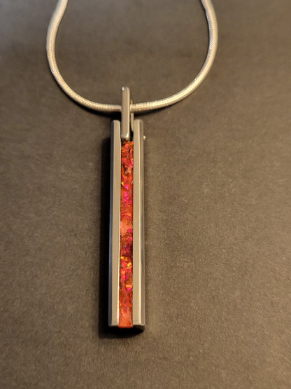 Tungsten Pendant Red Fire Opal, Sterling Silver Chain