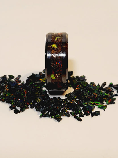 Black Ceramic Ring with Amber & Sangria Opal, Dragon Scale Opal, Bronze Shavings, UV Glow
