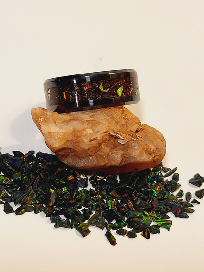 Black Ceramic Ring with Amber & Sangria Opal, Dragon Scale Opal, Bronze Shavings, UV Glow