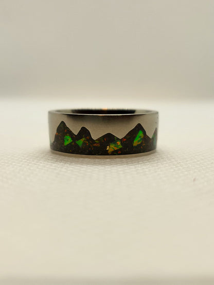 Titanium Moutain Ring, Black Fire Opal Green UV Glow