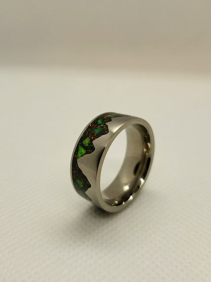 Titanium Moutain Ring, Black Fire Opal Green UV Glow