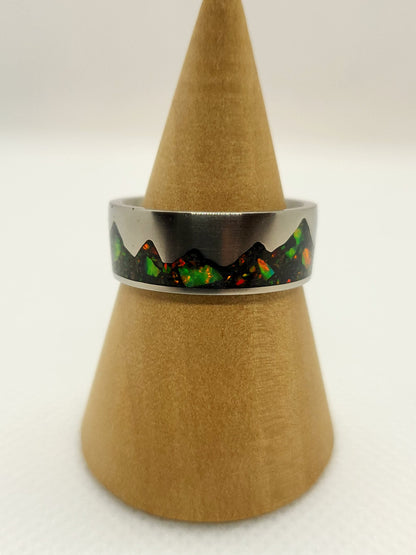 Titanium Moutain Ring, Black Fire Opal Green UV Glow