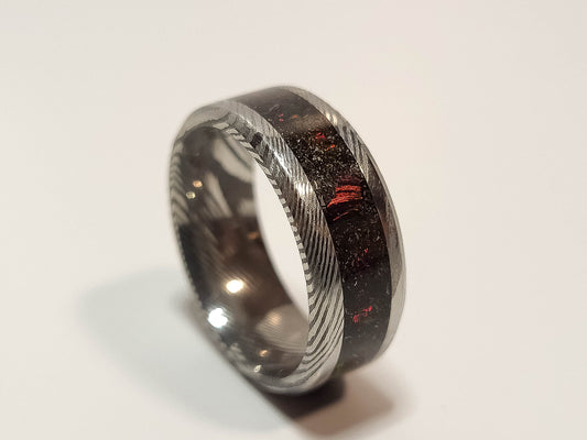 Damascus Steel Ring, Black Fire Opal, Meteorite Shavings