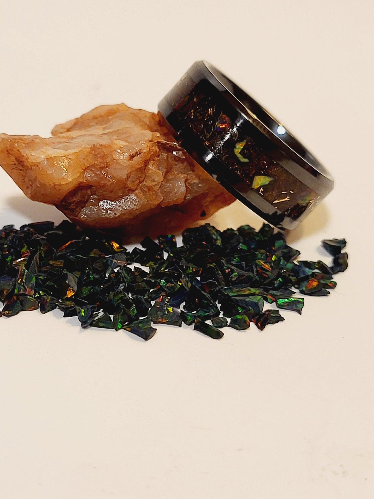 Black Ceramic Ring with Amber & Sangria Opal, Dragon Scale Opal, Bronze Shavings, UV Glow