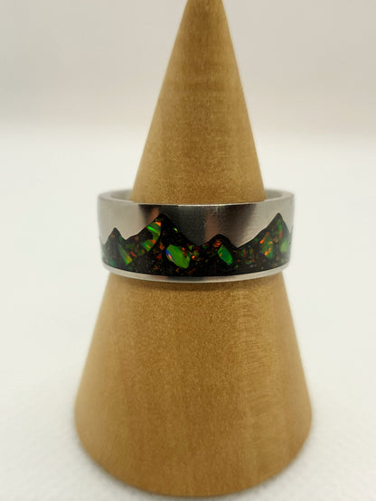 Titanium Moutain Ring, Black Fire Opal Green UV Glow