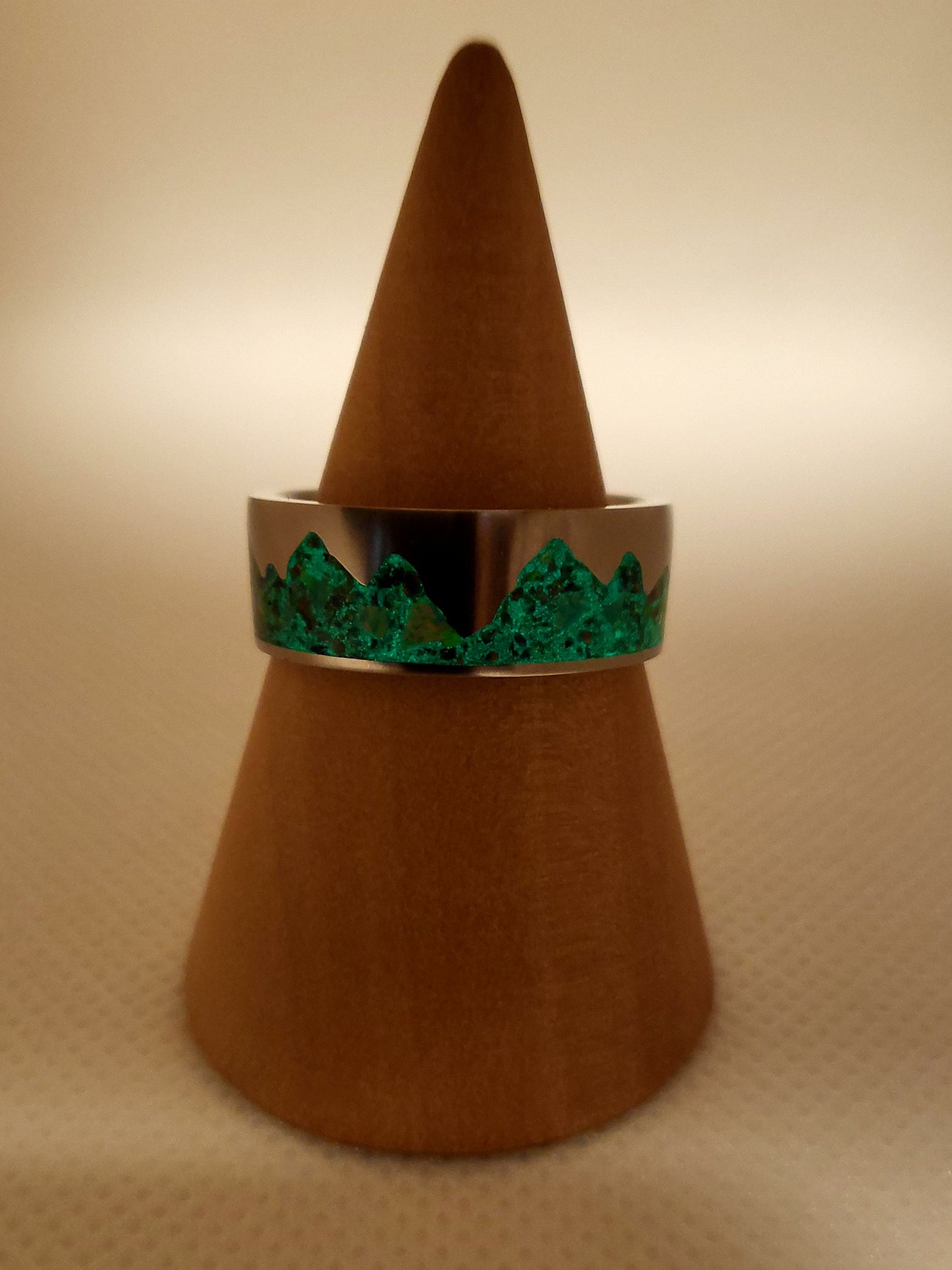 Titanium Moutain Ring, Black Fire Opal Green UV Glow