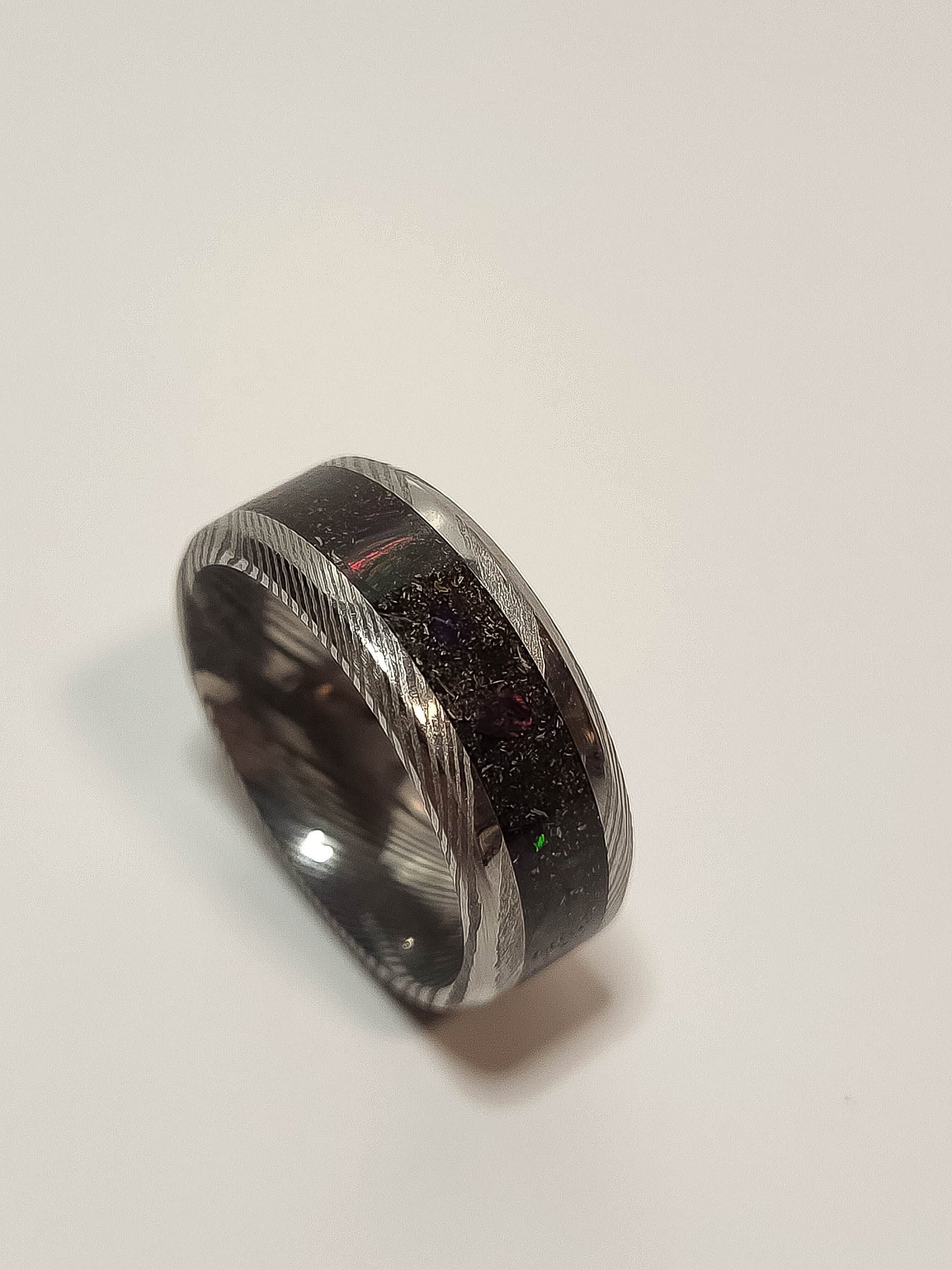 Damascus Steel Ring, Black Fire Opal, Meteorite Shavings
