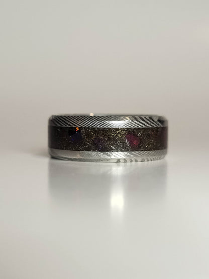Damascus Steel Ring, Black Fire Opal, Meteorite Shavings
